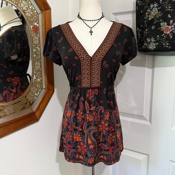 Apt 9 Black & Orange Multicolor Floral Boho Paisley V Neck Top w Waist Ties S - Picture 1 of 7